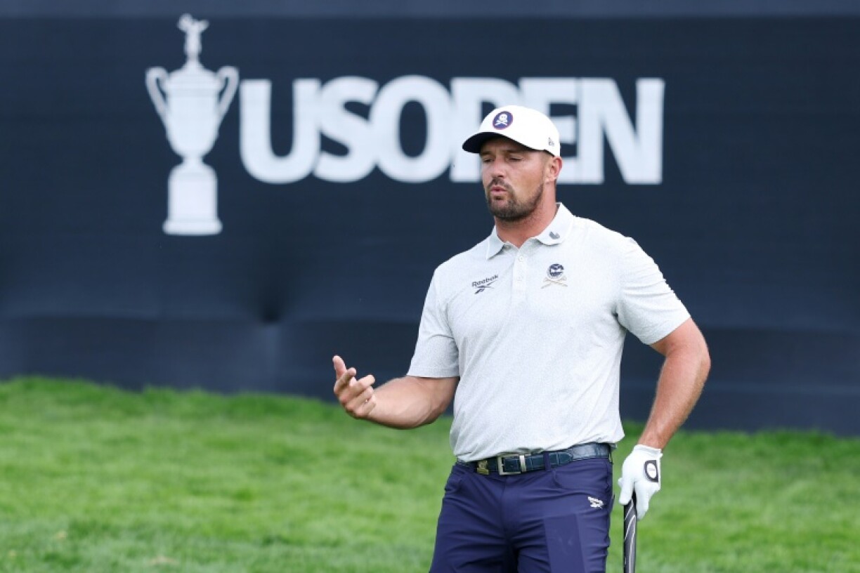 Defending champion Bryson DeChambeau of the United States reacts during a practice round ahead of the 125th US Open at Oakmont