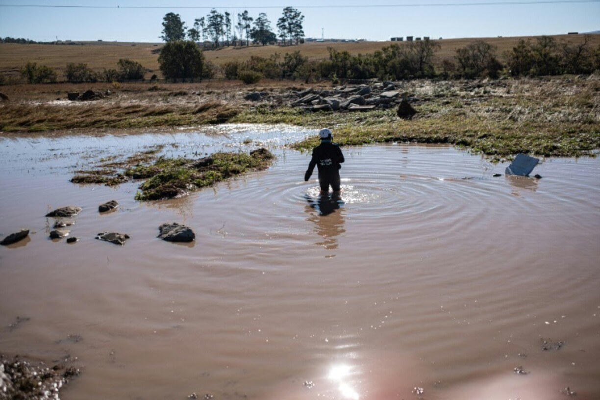 An emergency worker searches for bodies in a pond after deadly floods in South Africa's Eastern Cape province