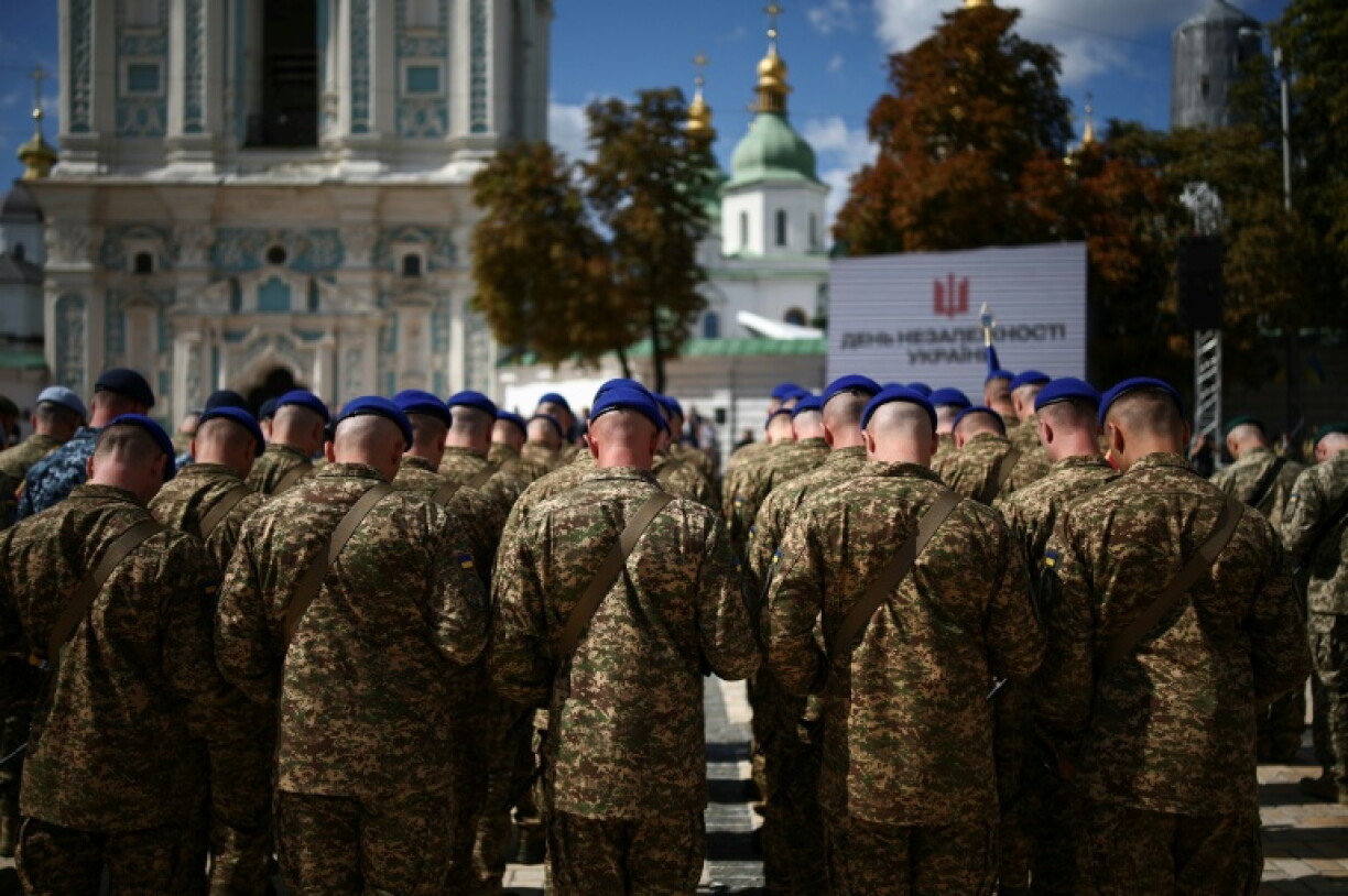 Cérémonie à Kiev avec la participation de la Garde nationale ukrainienne pour le 35e anniversaire de l'indépendance de l'Ukraine, le 24 août 2026