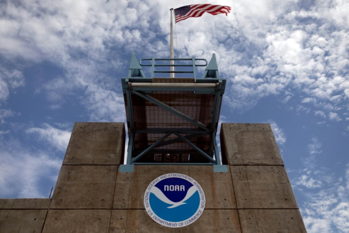 The logo of National Oceanic and Atmospheric Administration (NOAA) is seen at the National Hurricane Center on August 29, 2019 in Miami, Florida