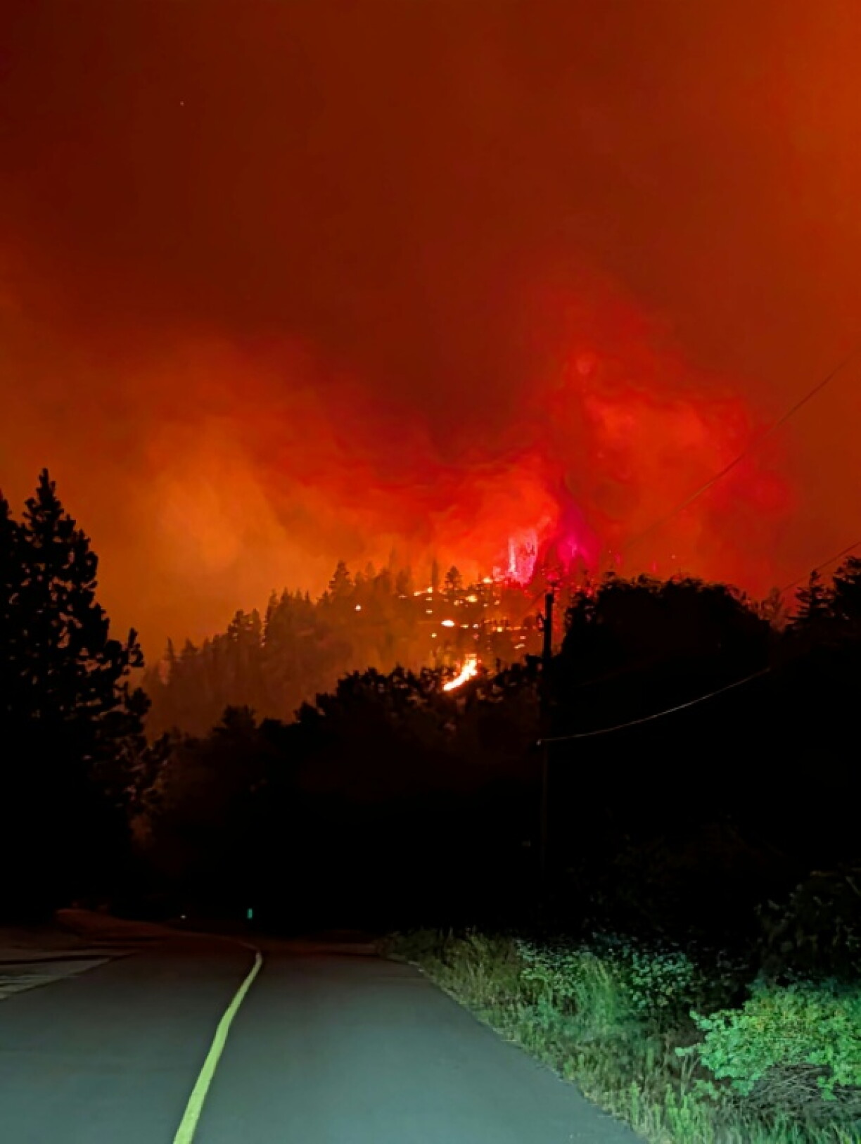 Photo prise le 7 août 2026 et diffusée le lendemain par le Service canadien de la faune de Colombie-Britannique montrant un incendie de forêt en cours près de Summerland, dans l’ouest du Canada