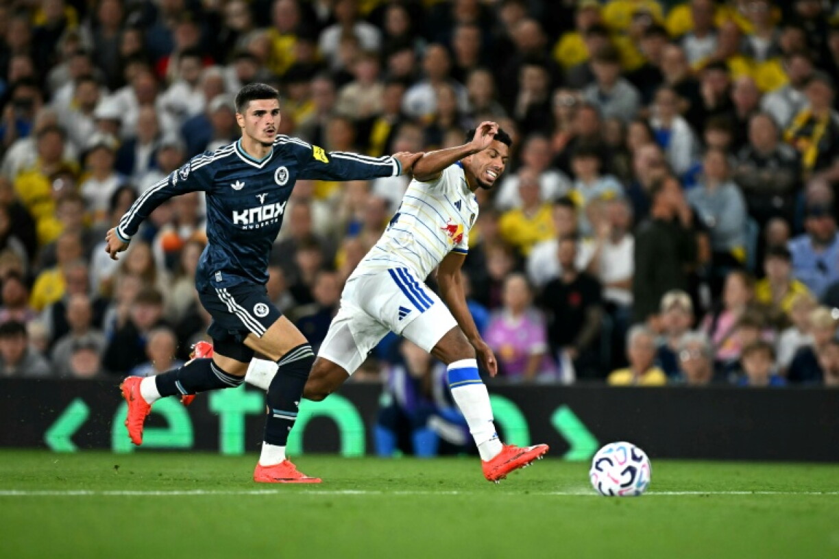 Newcastle striker Matias Fernandez-Pardo (L) battles for the ball with Leeds defender James Justin in the Premier League at Elland Road in September