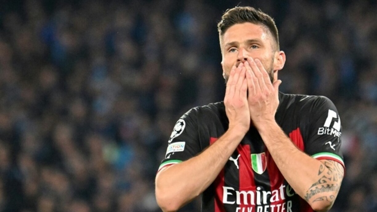 L'attaquant international français de l'AC Milan, Olivier Giroud, après son but en quart de finale retour de la Ligue des champions, le 18 avril 2023 à Naples