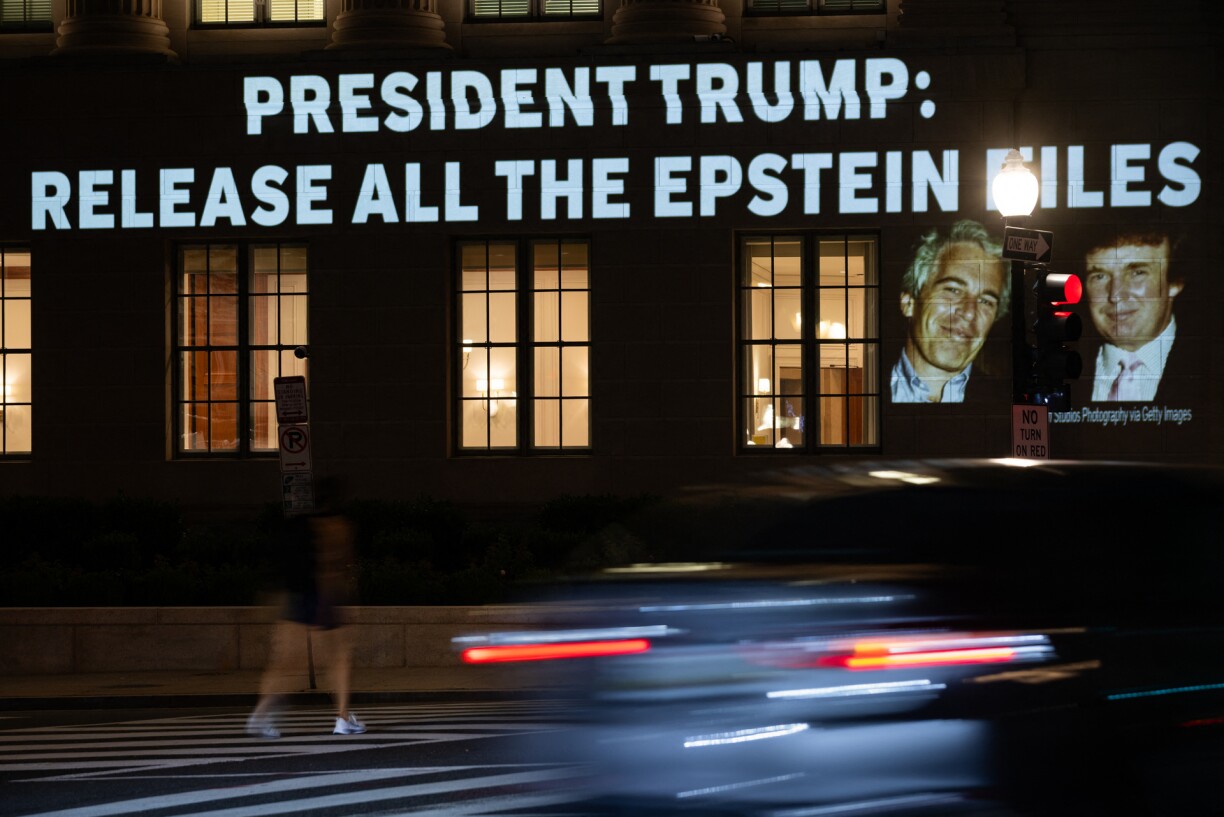 A projection demanding the release of the Epstein files on a building near the White House on 18 July 2025.