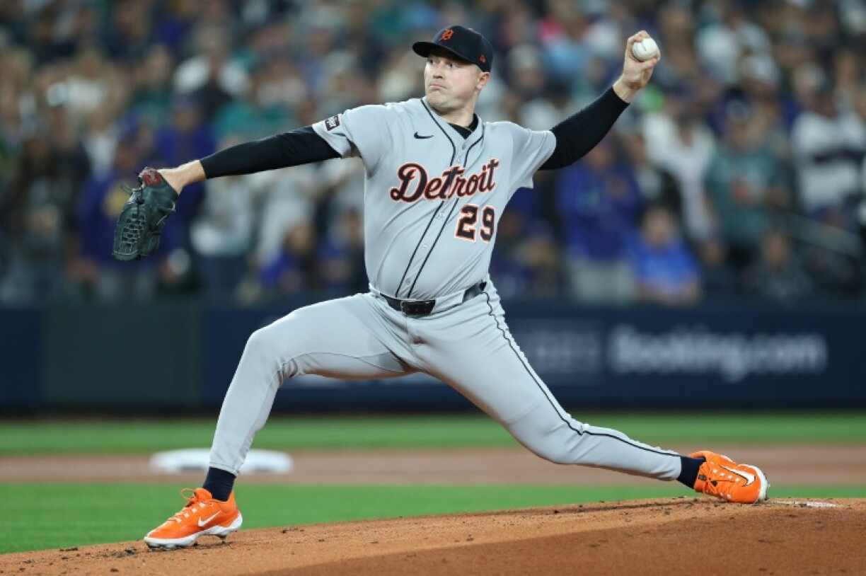 Tarik Skubal of the Detroit Tigers delivers a pitch against the Seattle Mariners during the American League division series