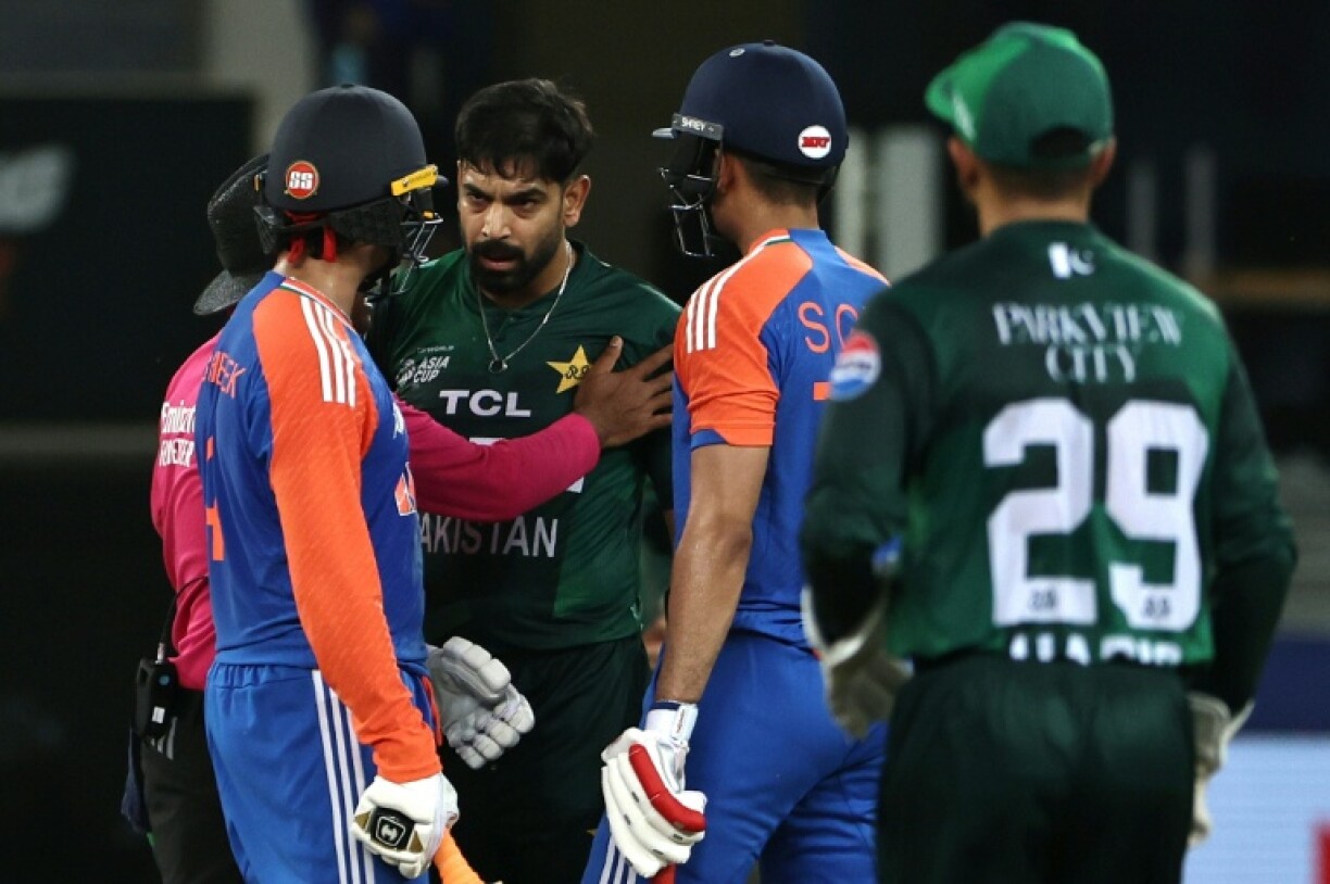 Pakistan's Haris Rauf (3R) while playing India in Dubai, which will host the Asia Cup final on Sunday