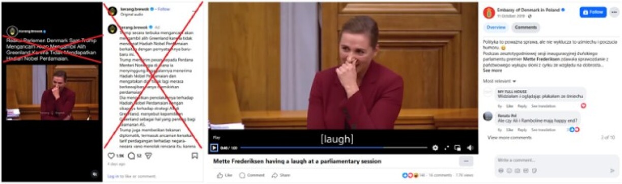 Screenshot comparison of the false post (L) and the video uploaded on the official Facebook page of the Danish embassy in Poland