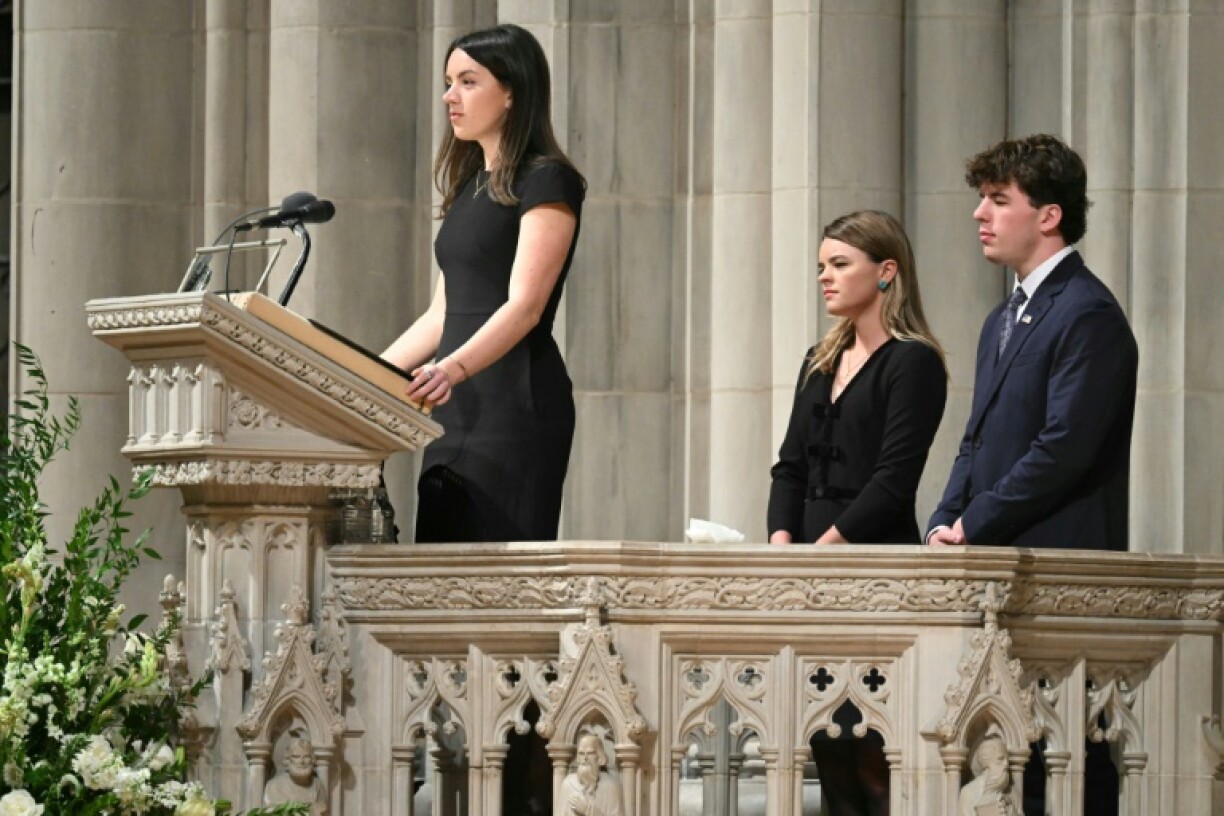 Elizabeth Perry, Richard Perry and Grace Perry, grandchildren of the late US Vice President Dick Cheney, speak during his funeral service at Washington National Cathedral in Washington, DC, on November 20, 2025