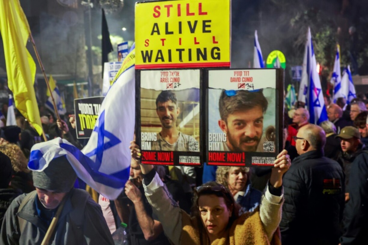 Relatives and supporters of Israelis held hostage in the Gaza Strip rally outside the prime minister's residence in Jerusalem calling on the government for a deal to bring back the remaining captives