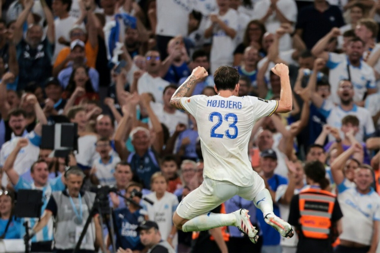 La joie de Pierre-Emile Hojbjerg, buteur lors du match d'ouverture de la 1re journée de Ligue 1 entre l'Olympique de Marseille et Strasbourg au stade Vélodrome le 21 août 2026