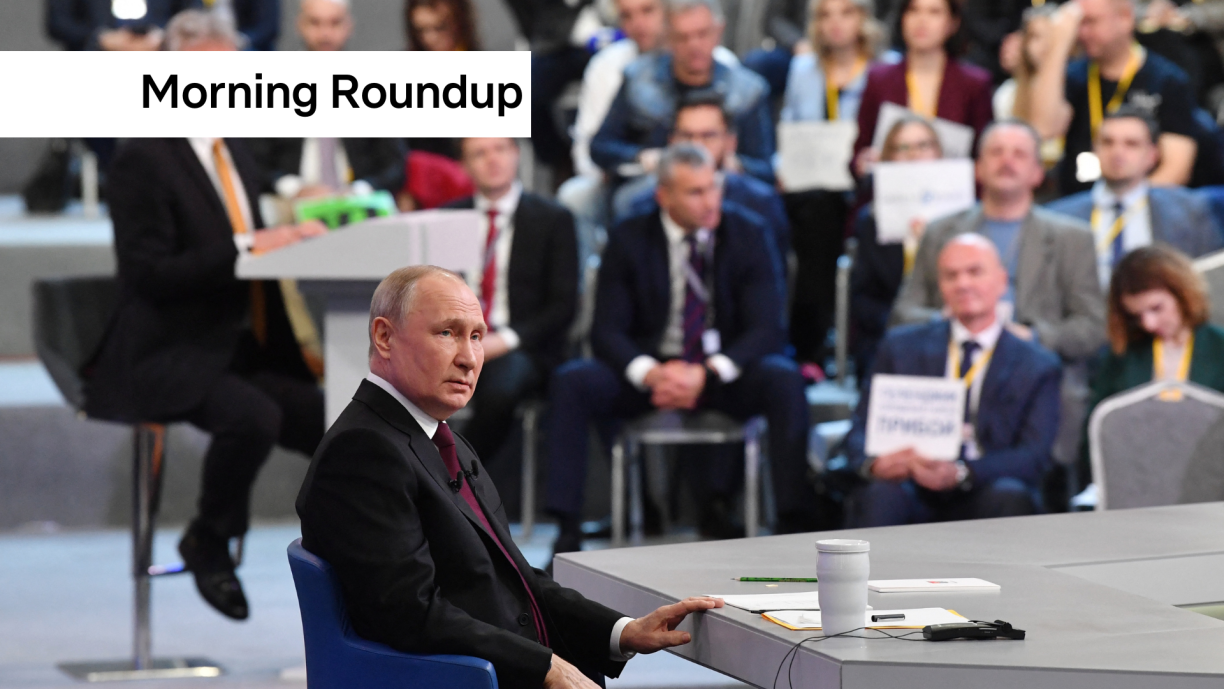 This pool photograph distributed by Russia's state agency Sputnik shows Russian President Vladimir Putin holding his year-end press conference at Gostiny Dvor exhibition hall in central Moscow on December 14, 2023.