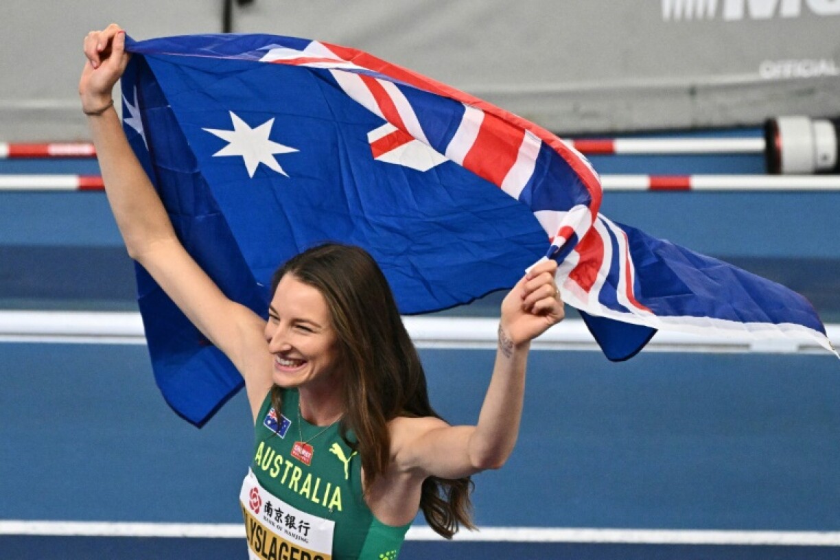 Australia’s Nicola Olyslagers celebrates after winning the women’s high jump