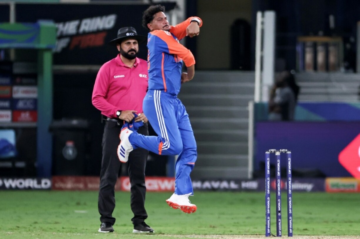 Kuldeep Yadav bowls during India's T20 win against United Arab Emirates