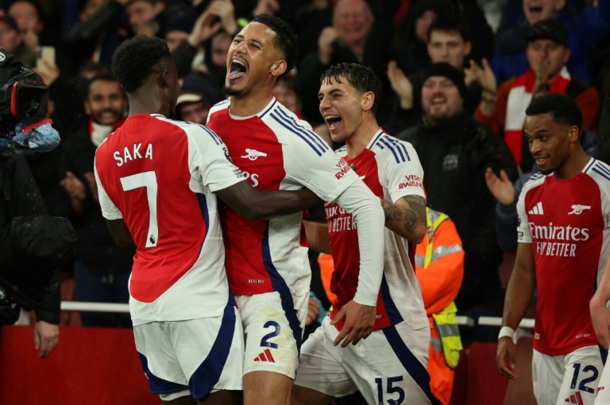 William Saliba (centre) scored in Arsenal's 2-0 win over Man Utd