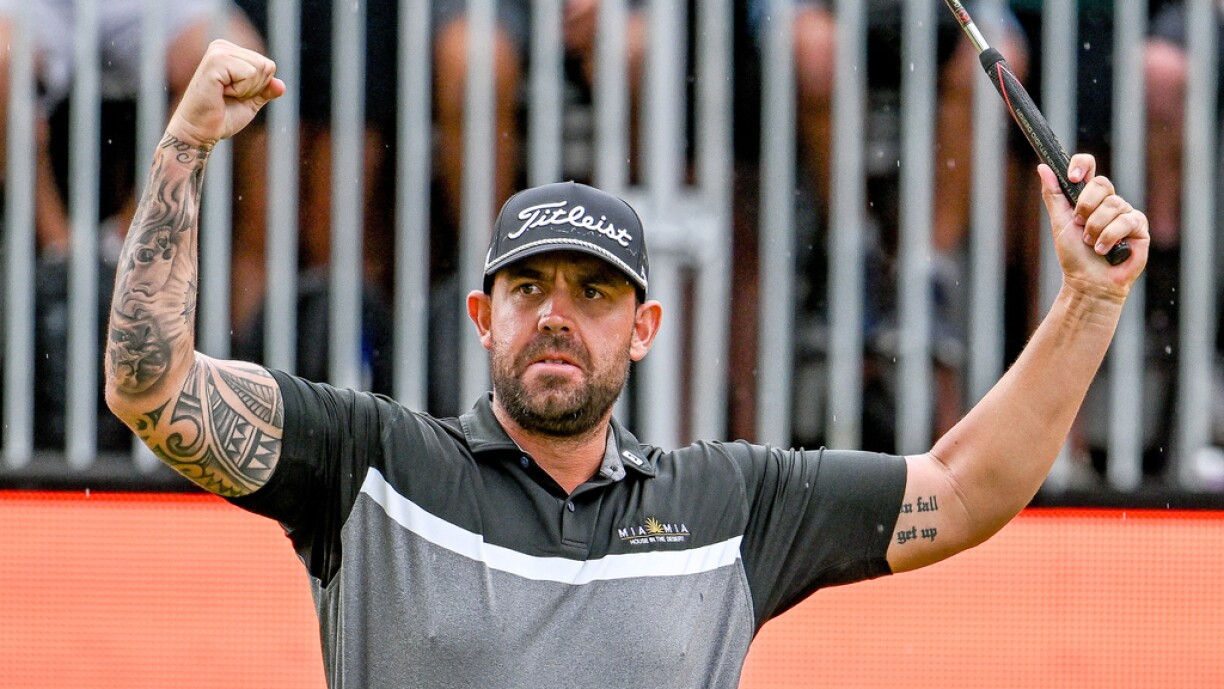 New Zealand Open shows Australia's Ryan Peake reacting on the 18th hole during the final round of the New Zealand Open golf tournament at Millbrook Resort in Queenstown.