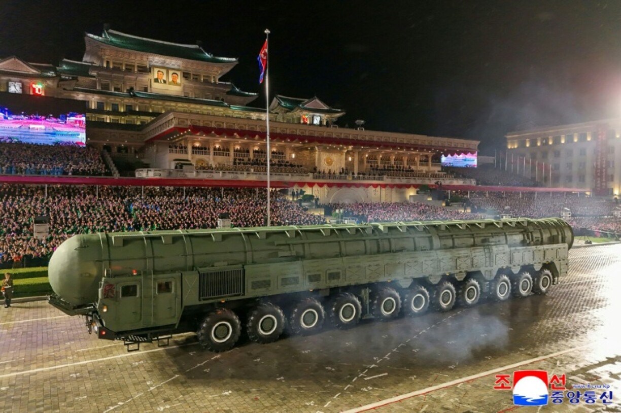 This picture taken on October 10, 2025 and released from North Korea's official Korean Central News Agency (KCNA) on October 11, 2025 shows a new intercontinental ballistic missile (ICBM) during the military parade to celebrate the 80th founding anniversary of the Workers' Party of Korea in Pyongyang