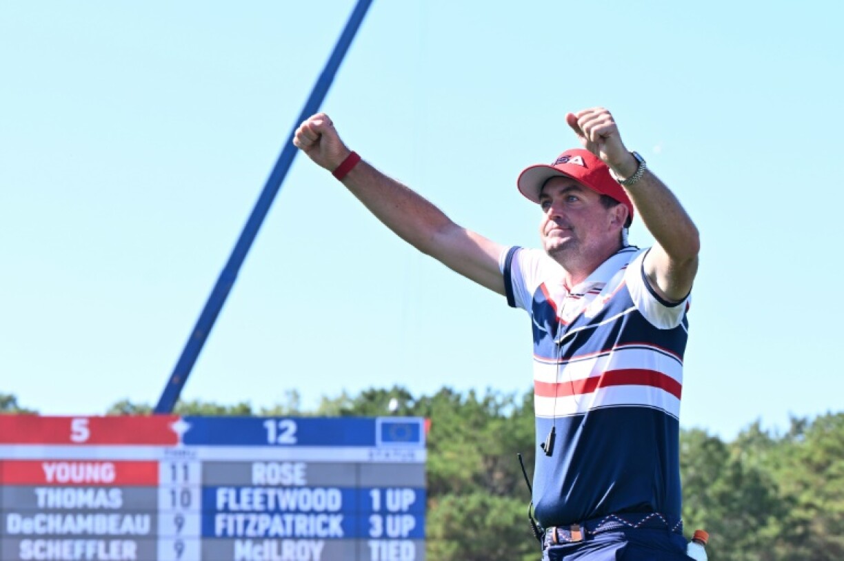 US captain Keegan Bradley cheers on his team during the final day of Europe'a 15-13 victory over the Americans atthe 45th Ryder Cup