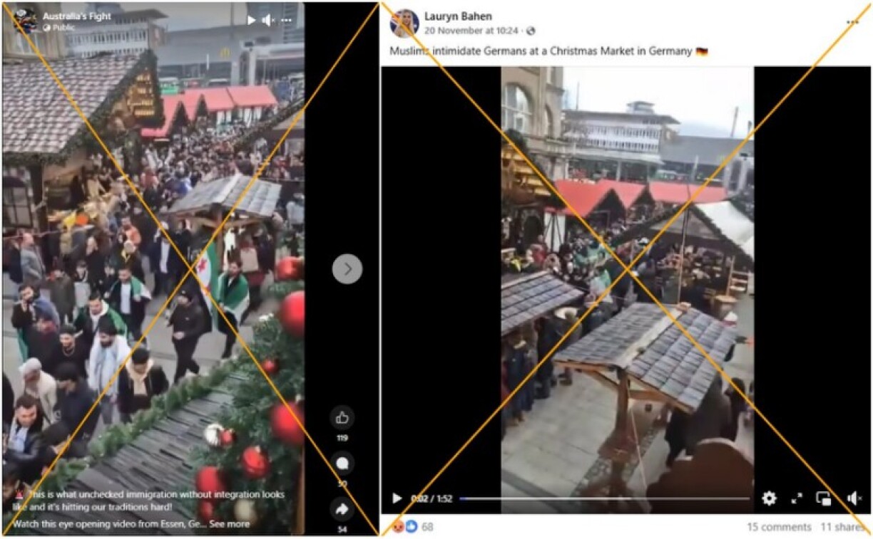 Screenshots of misleading Facebook posts taken on December 3, 2025, with the yellow X added by AFP