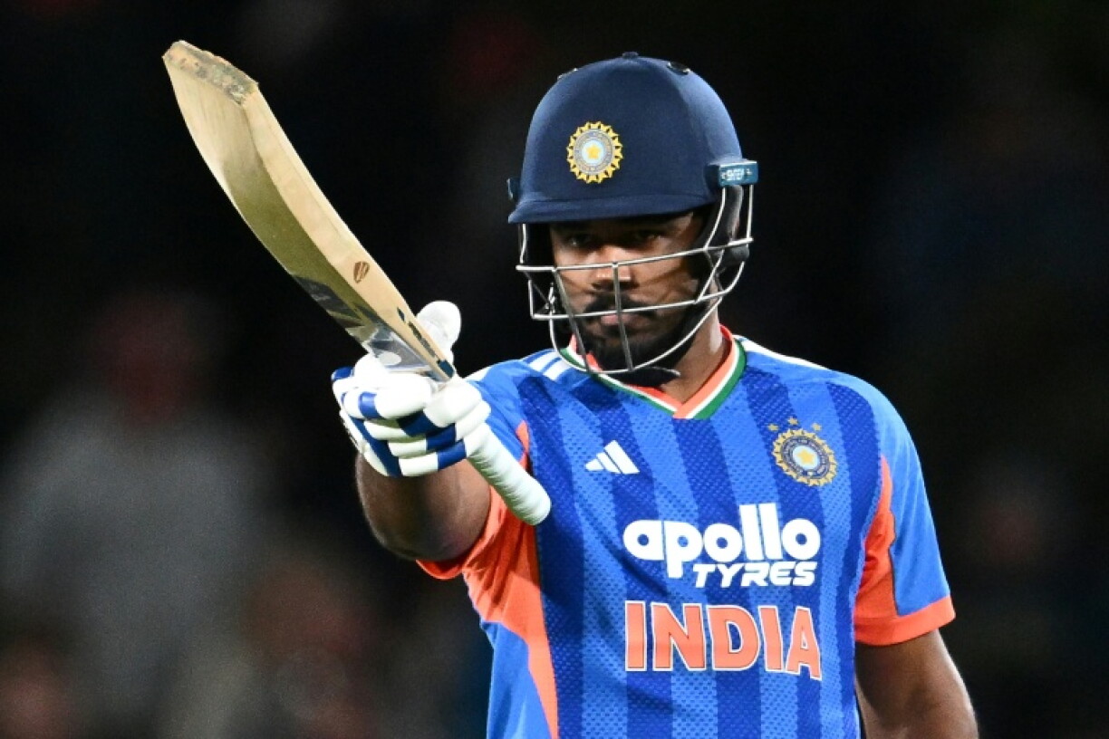 India's Sanju Samson celebrates after scoring his half century during the first Twenty20 international cricket match between New Zealand and India at Hagley Oval in Christchurch on October 22, 2026.