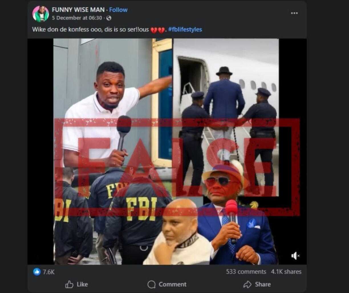 Screenshot showing the false Facebook post, taken on December 22, 2025