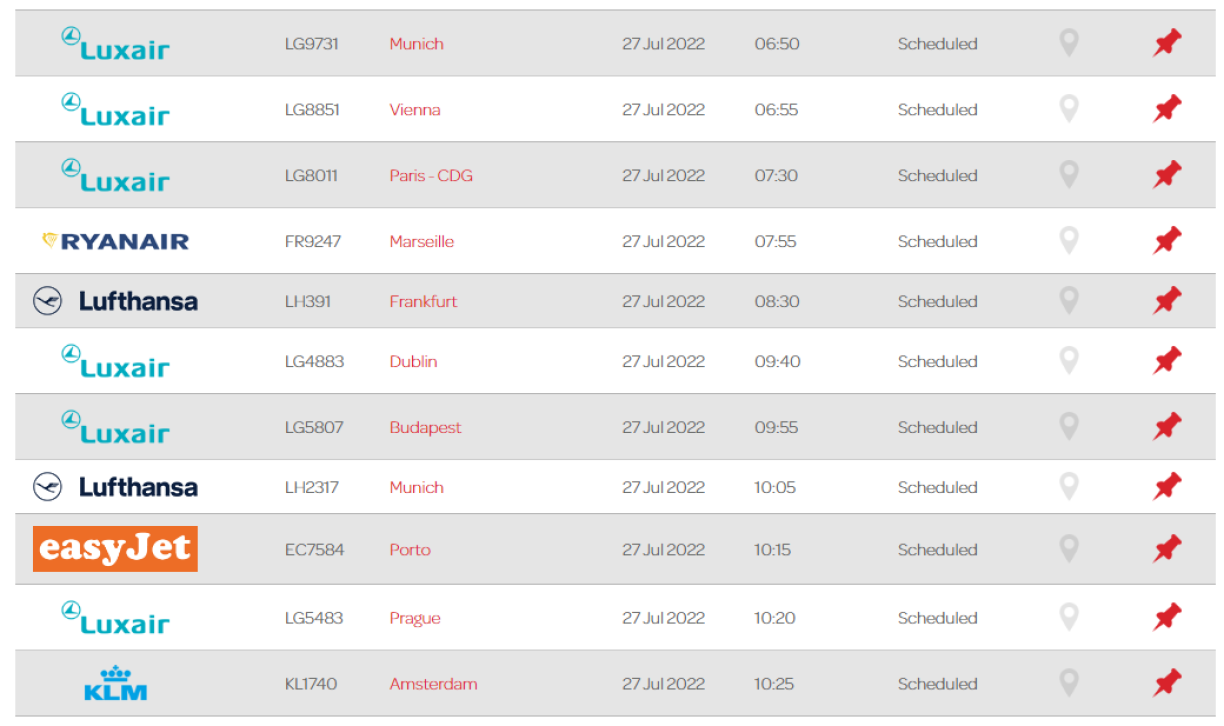 Screenshot vum LuxAirport-Site en Dënschdegowend um 19.55 Auer.