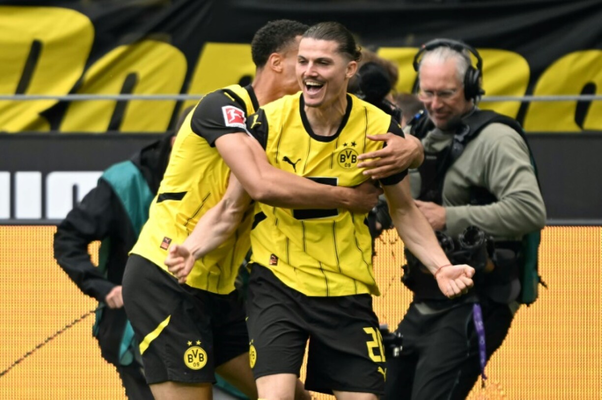 Borussia Dortmund midfielder Marcel Sabitzer celebrates his second-half goal