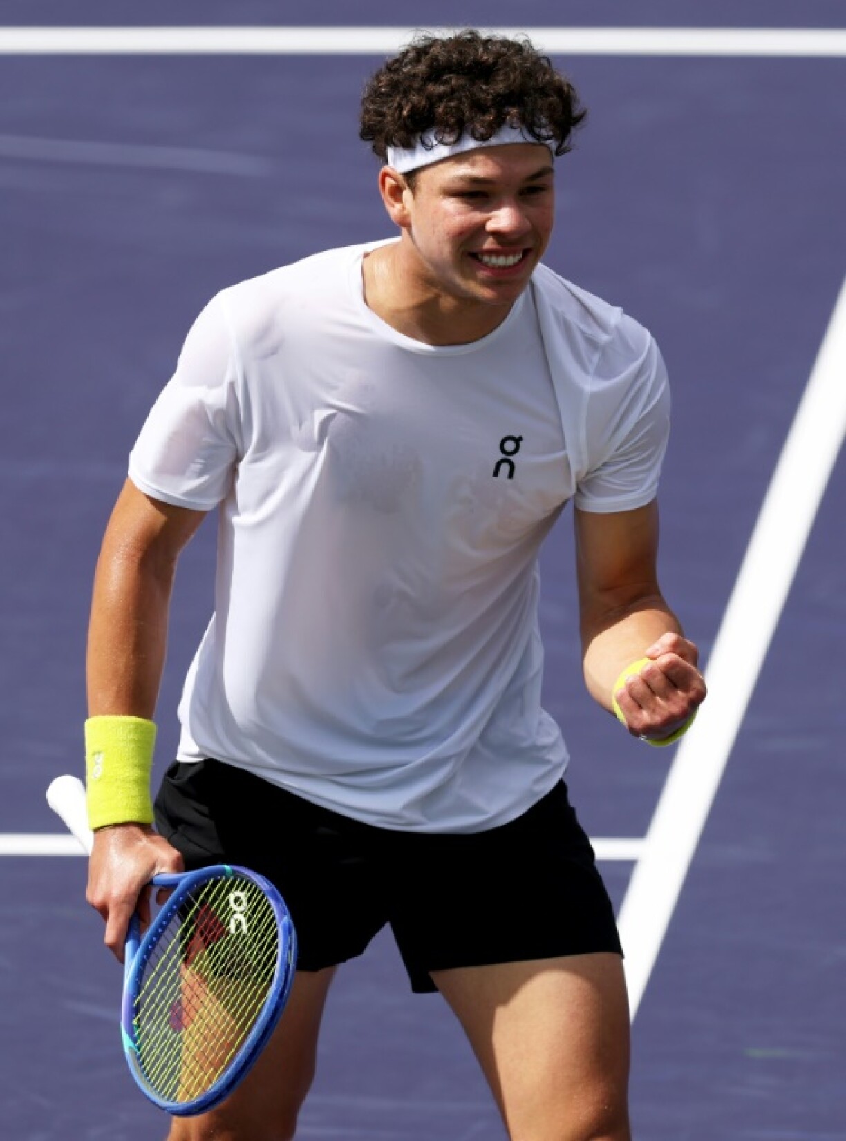 Ben Shelton of the United States celebrates a point in his fourth-round win over Brandon Nakashima at Indian Wells