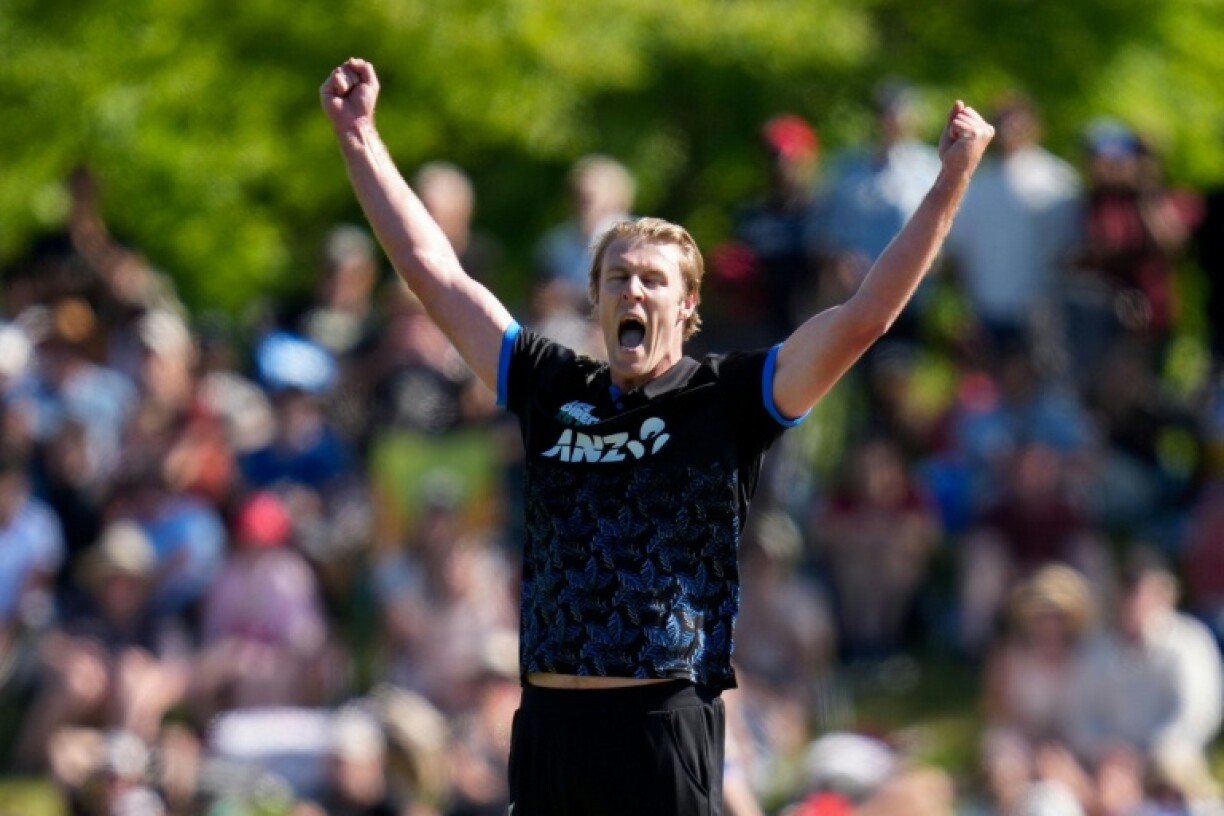 New Zealand's Kyle Jamieson celebrates victory during the third Twenty20 international cricket match between New Zealand and West Indies