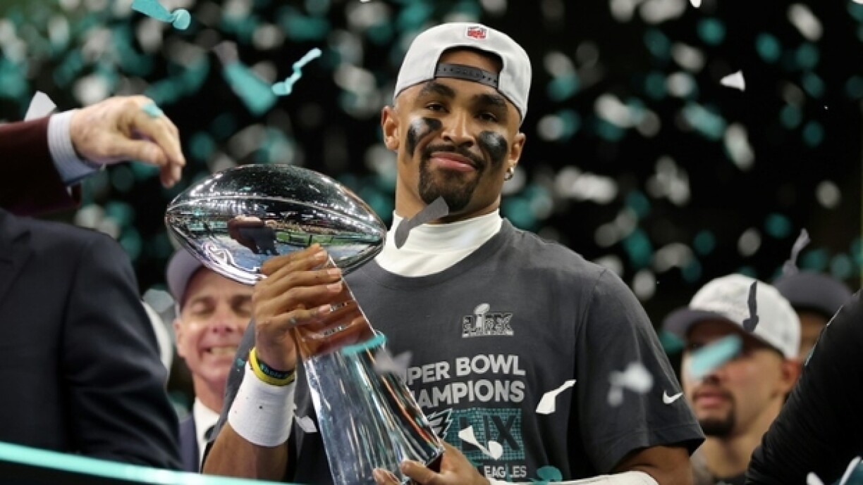 Le quarterback des Eagles de Philadelphie Jalen Hurts, le 9 février 2025 à la Nouvelle-Orléans, après la victoire de son équipe au Super Bowl