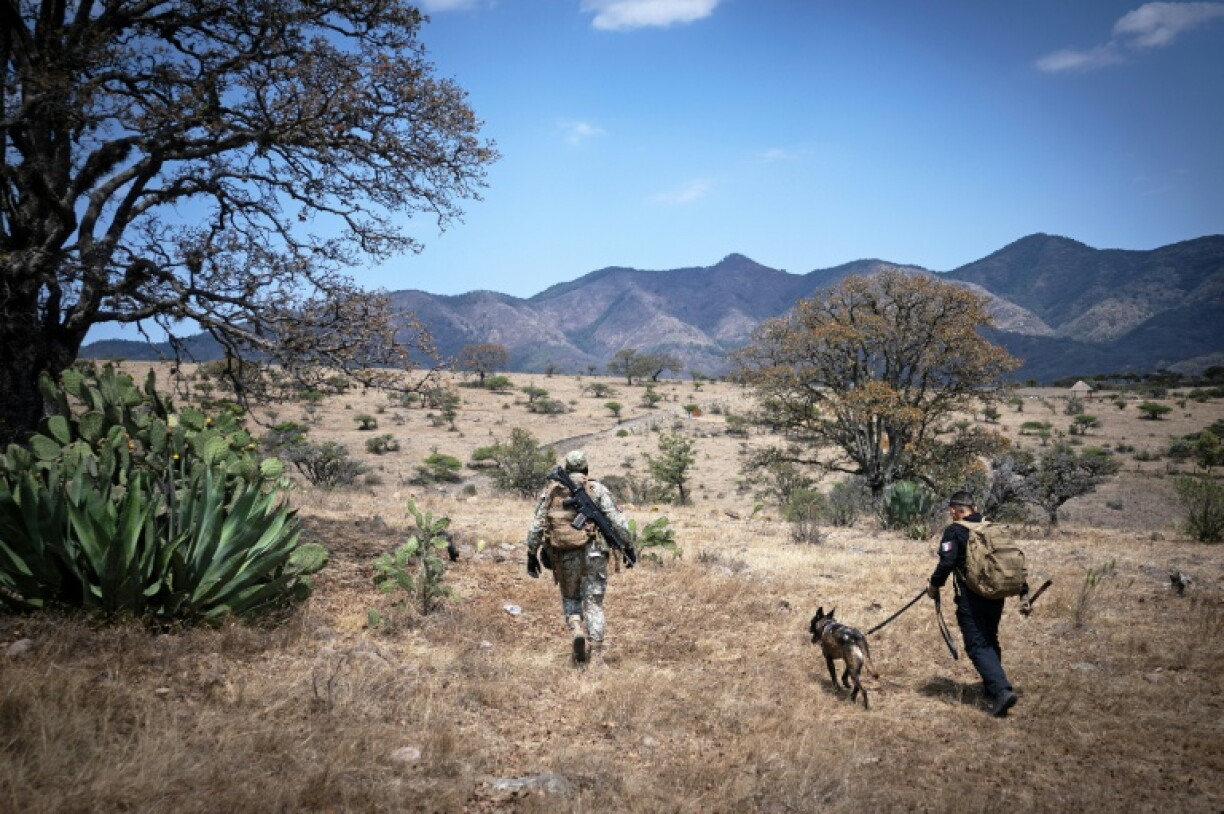 A Mexican soldier and a member of a search team look for a missing person in Tepotzotlan in Mexico State in March 2026