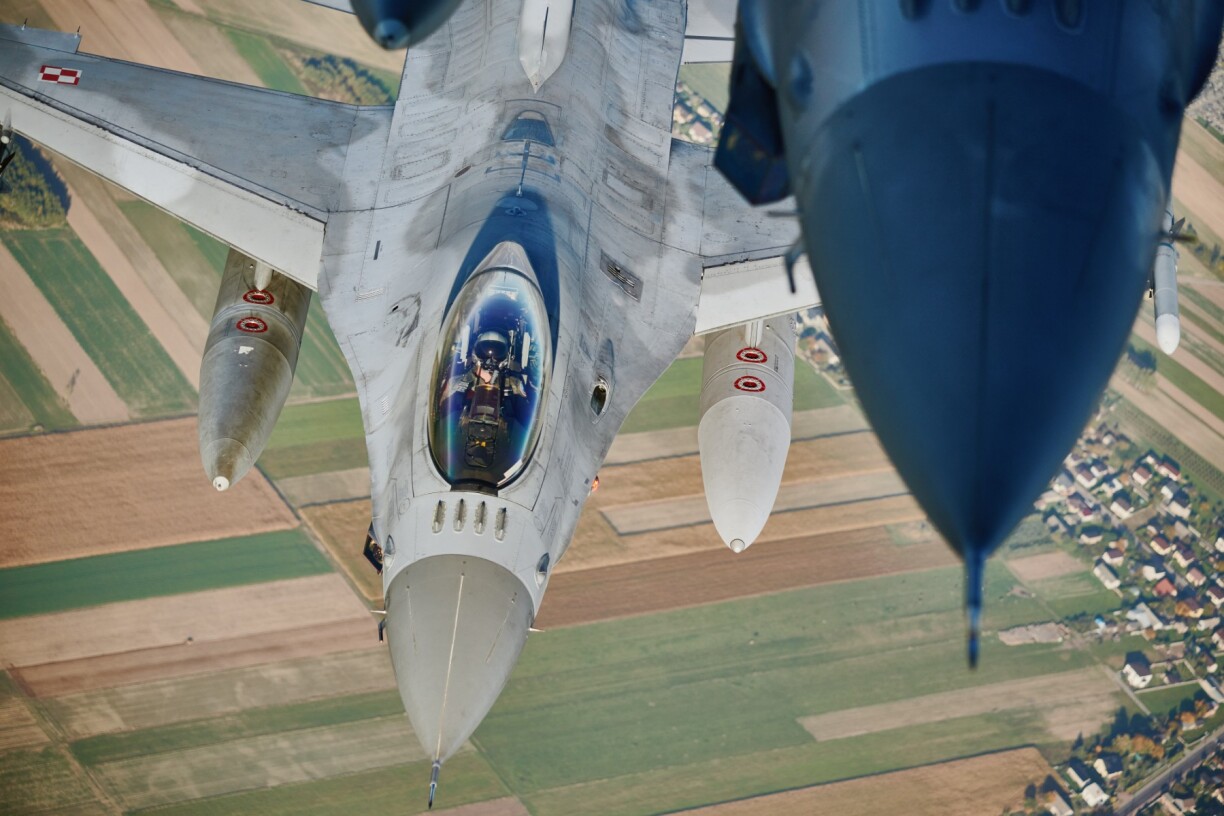 F 16 fighter jets takes part in the NATO Air Shielding exercise near the air base in Lask, central Poland on October 12, 2022.