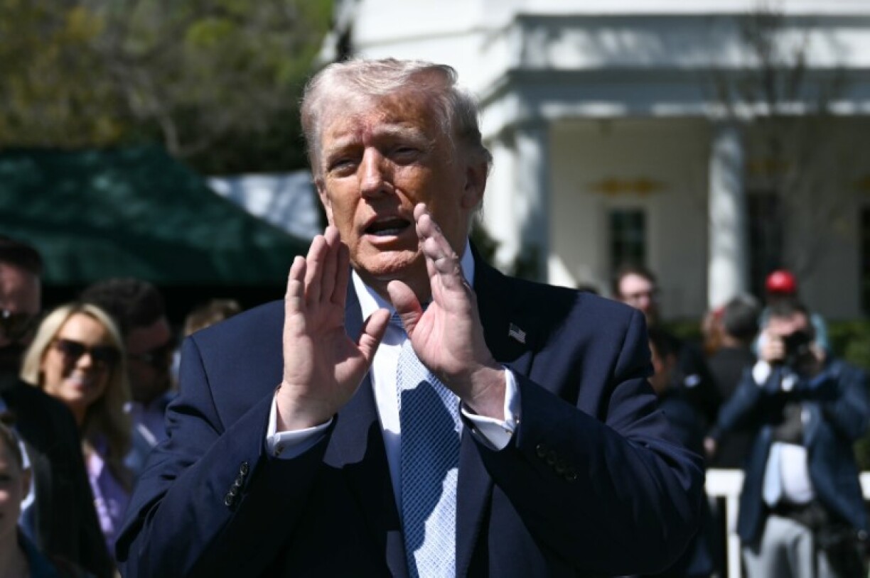 US President Donald Trump speaks as he hosts the annual Easter Egg Roll on the South Lawn of the White House on April 6, 2026, in Washington, DC.