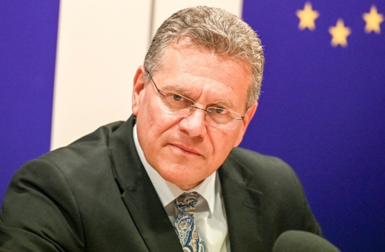 EU Trade Commissioner Maros Sefcovic speaks to reporters in Singapore on May 7, 2025, after signing the EU-Singapore Digital Trade Agreement (DTA)