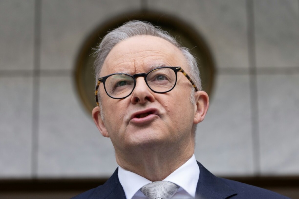 Australia’s Prime Minister Anthony Albanese announcing the election date at a press conference in Canberra on March 28, 2025