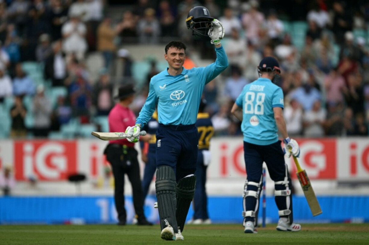 England opener Tom Banton celebrates his century during the third ODI against Sri Lanka at the Oval