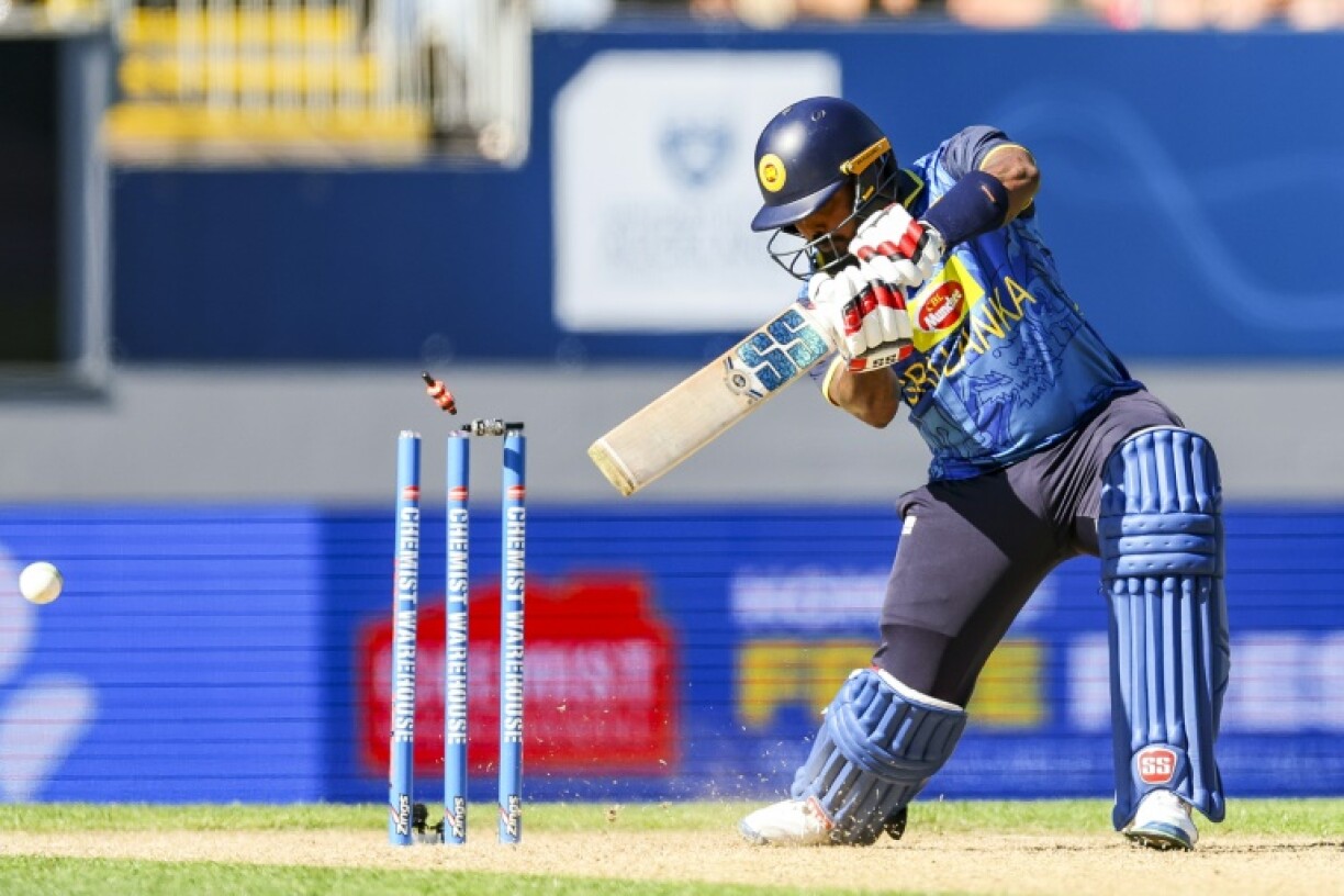Sri Lanka's Wanindu Hasaranga is bowled by New Zealand's Matt Henry during their third one-day international at Eden Park in Auckland