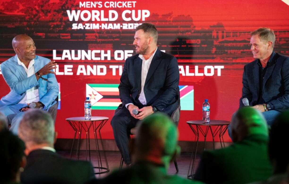 Former cricket greats West Indies' Brian Lara (L), Australian Aaron Finch (C) and South African Shaun Pollock (R) were present for the unveiling of the schedule for the 2027 World Cup