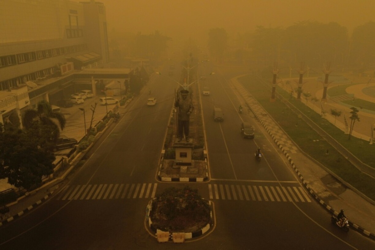 An aerial view shows thick smoke and haze from forest and land fires in the region in Palangkaraya, Central Kalimantan, on October 15