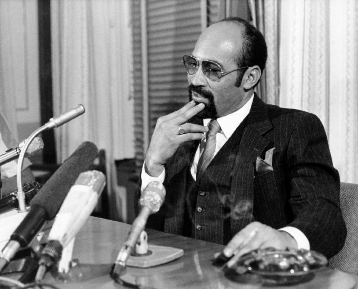 Suriname's former leader Desi Bouterse photographed during a press conference in Paramaribo on April 9, 1987