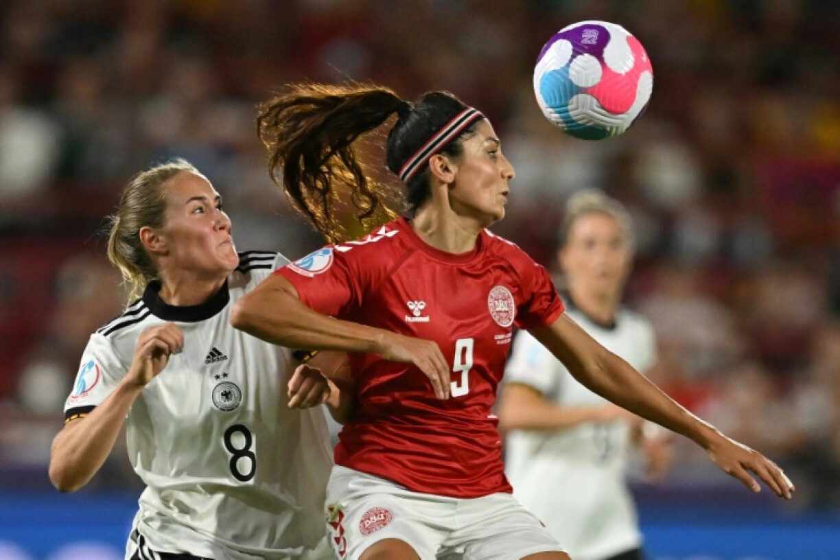 Denmark forward Nadia Nadim (C) during the UEFA Women's Euro 2022 tournament in London in July 2022