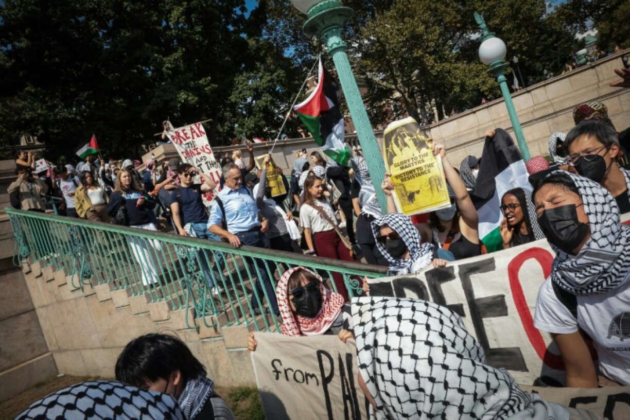Pro-Palestinian demonstrators march through Columbia University's campus in New York in October 2024
