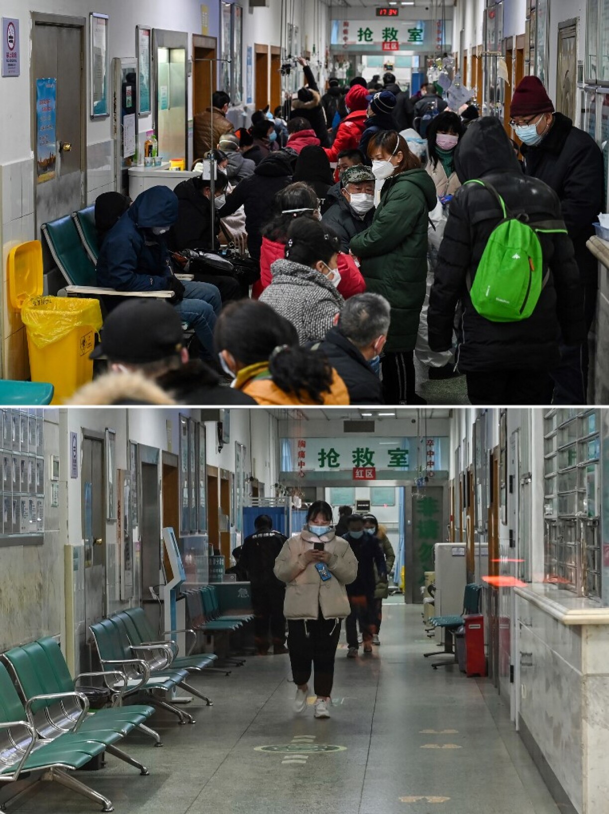 L'hôpital de la Croix-Rouge de Wuhan le 25 janvier 2020 (en haut) et le 19 janvier 2021 (en bas).