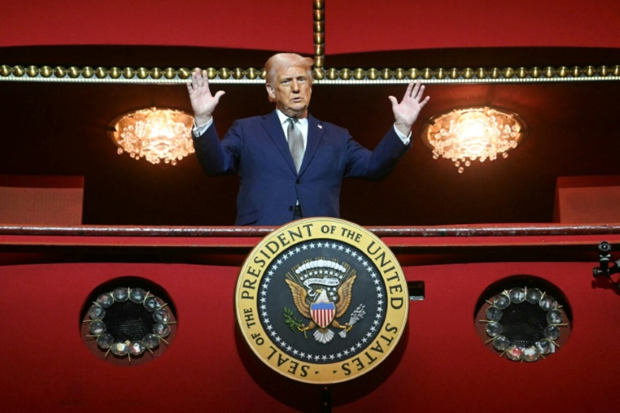 US President Donald Trump stands in the presidential box as he tours the John F. Kennedy Center for the Performing Arts in Washington, DC, on March 17