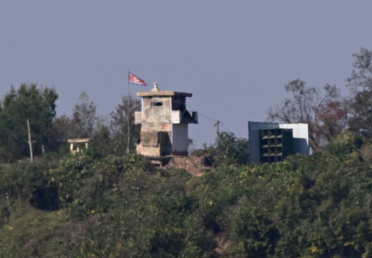 A North Korean guard post and a giant loudspeaker (R) inside the Demilitarised Zone dividing the two Koreas