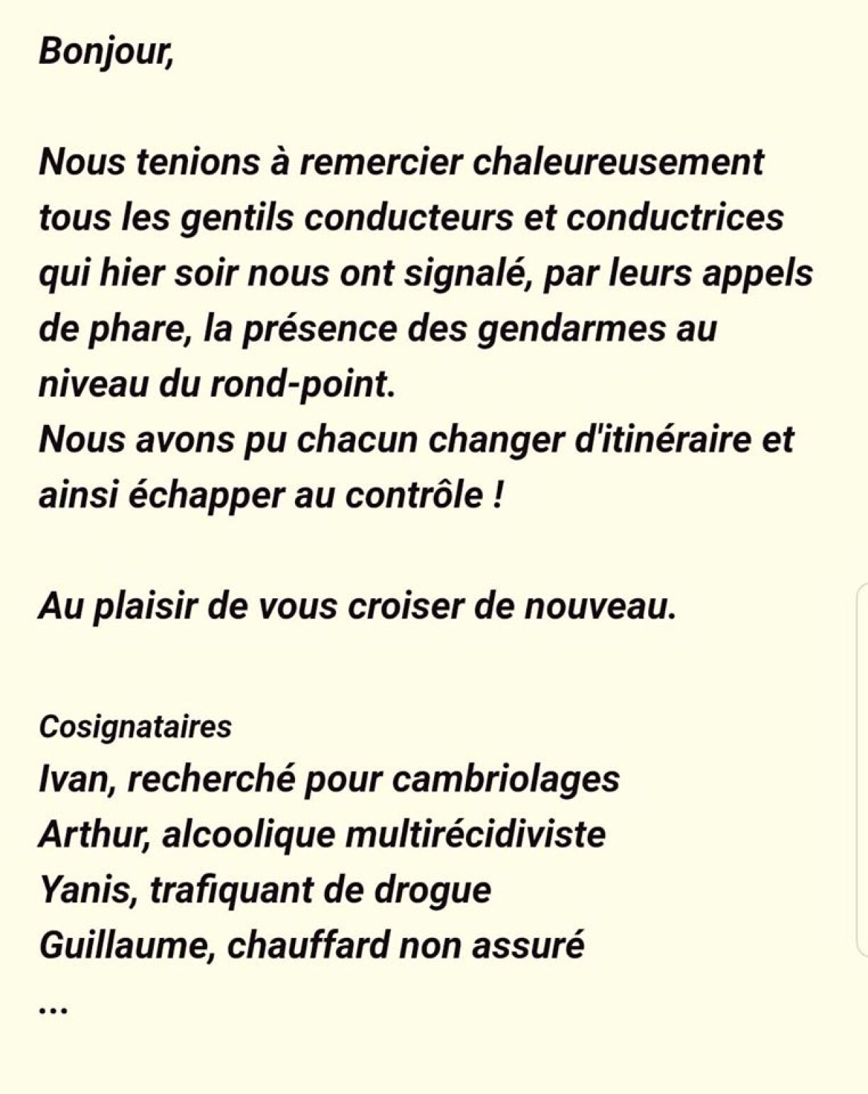 Le message a été publié sur les réseaux sociaux