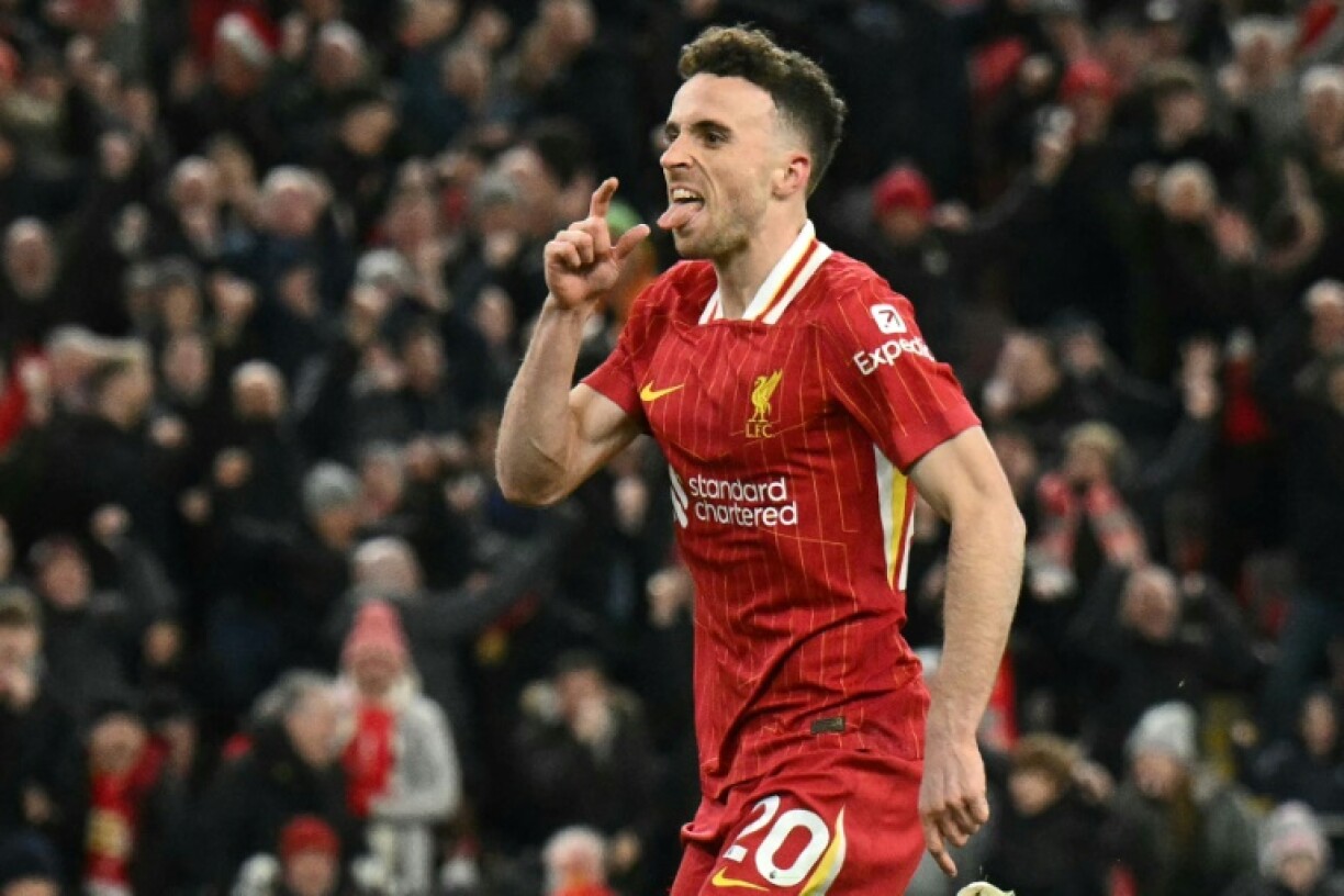 Liverpool's Diogo Jota celebrates his equaliser against Fulham