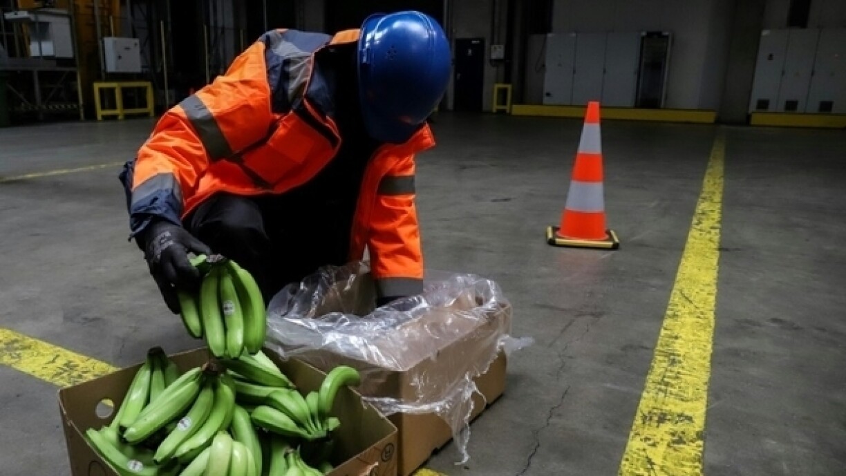Un employé des douanes vérifie une boite de bananes dans un hangar du port d'Anvers, le 20 mai 2022