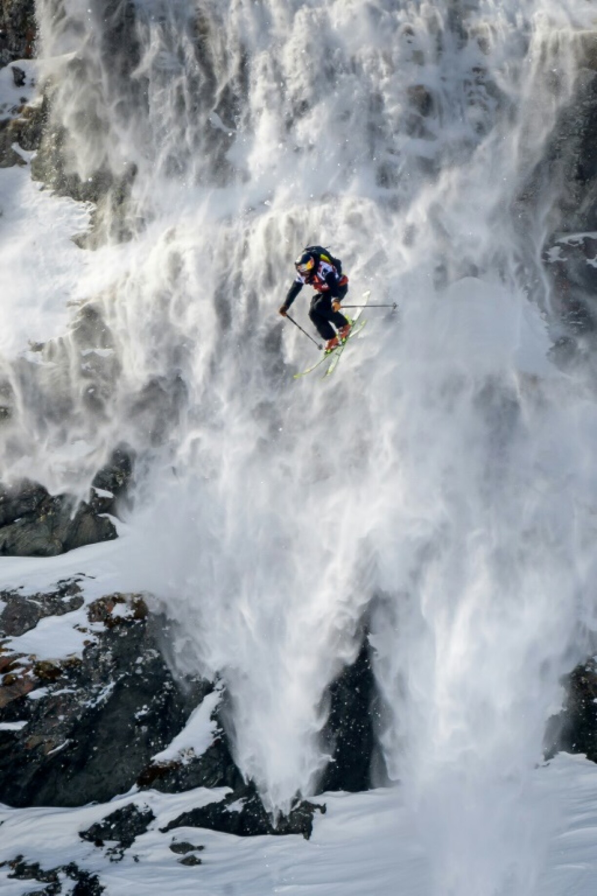 Le Suédois Kristofer Turdell, lors de la finale du Verbier Xtreme Freeride World Tour, le 23 mars 2021 final sur le Bec de Rosses