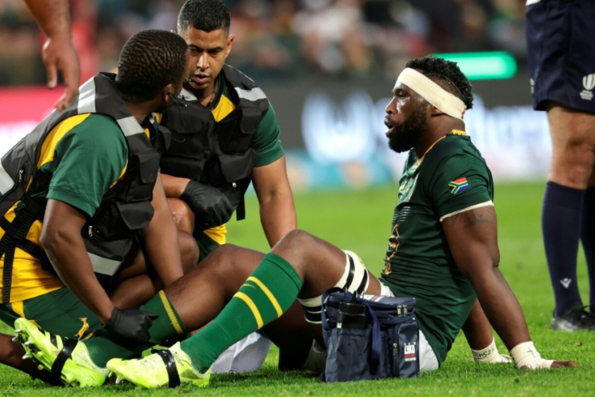 South Africa captain Siya Kolisi receives medical attention during the Rugby Championship match against Australia in Johannesburg