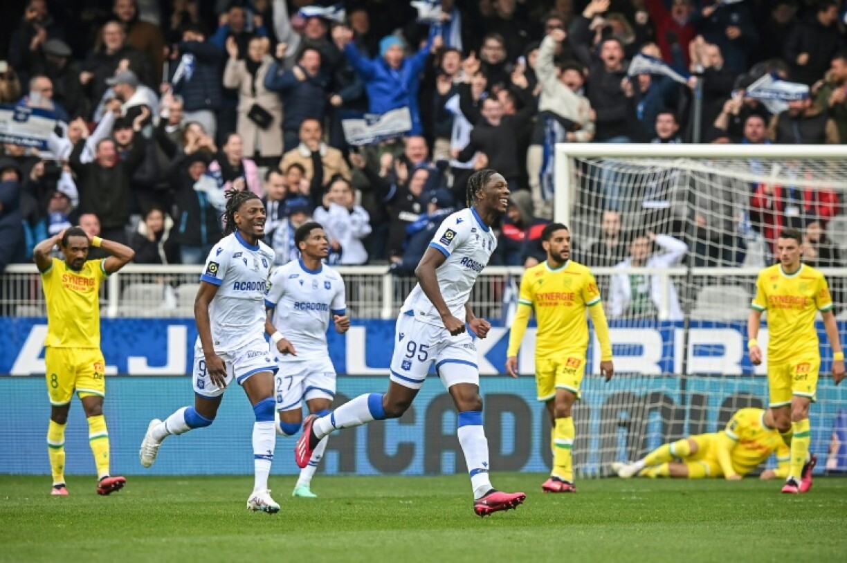 Les Auxerrois exultent après le but de Nuno Da Costa contre Nantes, le 16 avril 2023 au stade de l'Abbé-Deschamps